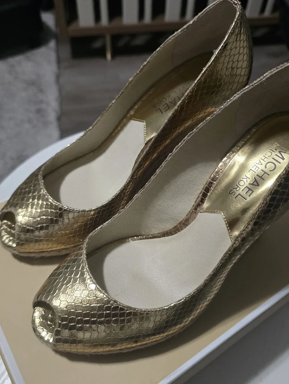 Michael Kors Metallic Gold Peep-Toe Wedge Espadrilles